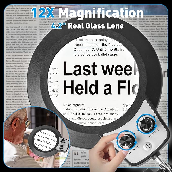 KIRKAS 12X Magnifying Glass with Light and Stand, 2-in-1 Any Color Modes & Stepless Brightness Magnifying Desk Lamp with Clamp, LED Magnifier with Light for Crafts Jewelry Painting Sewing Close Work
