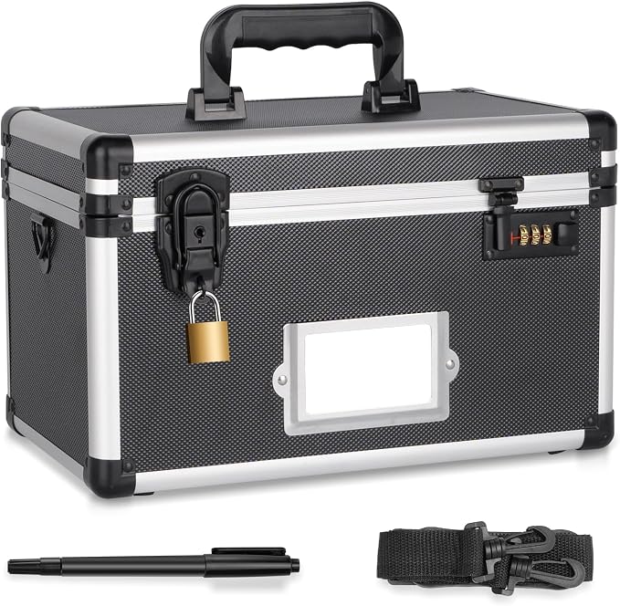 LOCKCURX Medication Lock Box, Lockable Storage Box with Dual Locks (Combination & Padlock), Lockbox with Shoulder Strap & ID Label Slot, for Valuables and Medicine(13.4 x 7.5 x 8.3 Inch, Black)