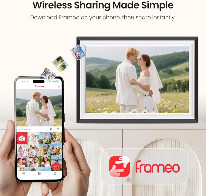 BIGASUO Digital Picture Frame Frameo 10.1", WiFi Photos & Videos Sharing, 3000mAh Battery & Wireless Charging, 1280x800 IPS Touch Screen, 32GB Storage, Support USB/SD Card