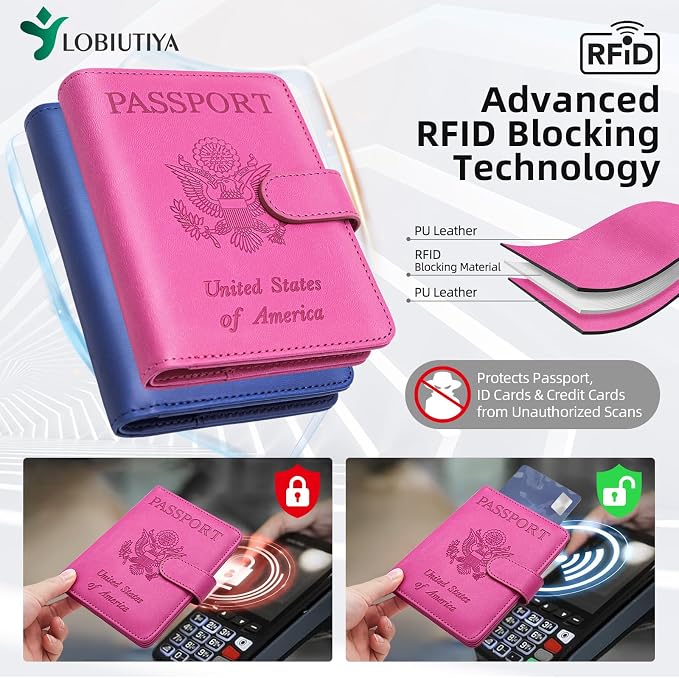 2 Pack Passport Holder For Travel with Luggage Tag Cover – RFID Blocking Passport Wallet Holder for Travel Women/Men | PU Leather Passport Case with Money Pocket, Blue/Pink