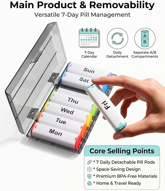 CAidRE Weekly Pill Organizer 2 Times a Day - 7 Day AM PM Pill Box Large Travel Pill Case, Daily Pill Container Dispenser for Vitamins, Supplements, Fish Oils, Medication Storage Pill Holder, White