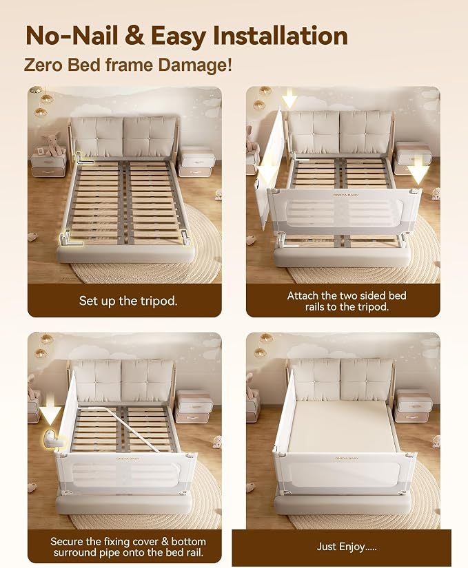 2 Piece Full Size Bed Rails for Toddlers, No-Drill Bed Rail Guard 54”x74.8” | Thickened & Reinforced Child Safety Guards/Bedrail for Kids,24-level Height Adjustable, Dual Childproof Locks, White/Grey