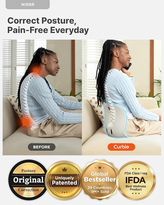 curble Wider 2 Pack – Ergonomic Desk Chair Seat Cushion, Everyday Passive Posture Trainer for Work from Home, Office & Car, Breathable Lumbar Support (Grey)