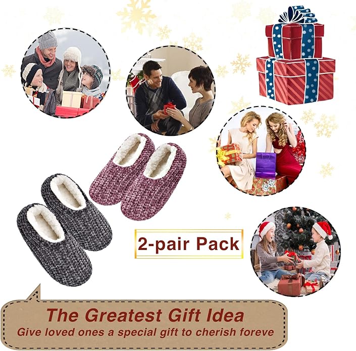 cosyone1997 2-Pair Thick Warm Fuzzy Slippers for Women Indoor Fluffy Sherpa Lined, Winter House Shoe Socks Non-Slip Soft Soles, Cozy Christmas Gifts