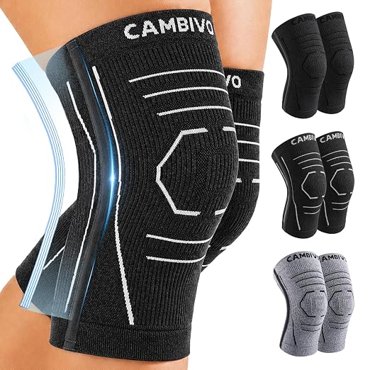 CAMBIVO 2 Pack Knee Brace for Women & Men, Latex Free & Silicone Free Compression Knee Sleeves with Side Stabilizers, Lightweight Knee Support for Arthritis, Meniscus, Walking, Running (Dark Gray, X-Large)