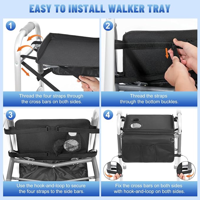 Rhino Valley Walker Tray for Folding Walker,Tray for Walker with Cup Holder | Tray for Walkers with Non-Slip Mat for Food, 3 Front Pockets & 6 Cup Holders, Walker Accessories for Senior, Black