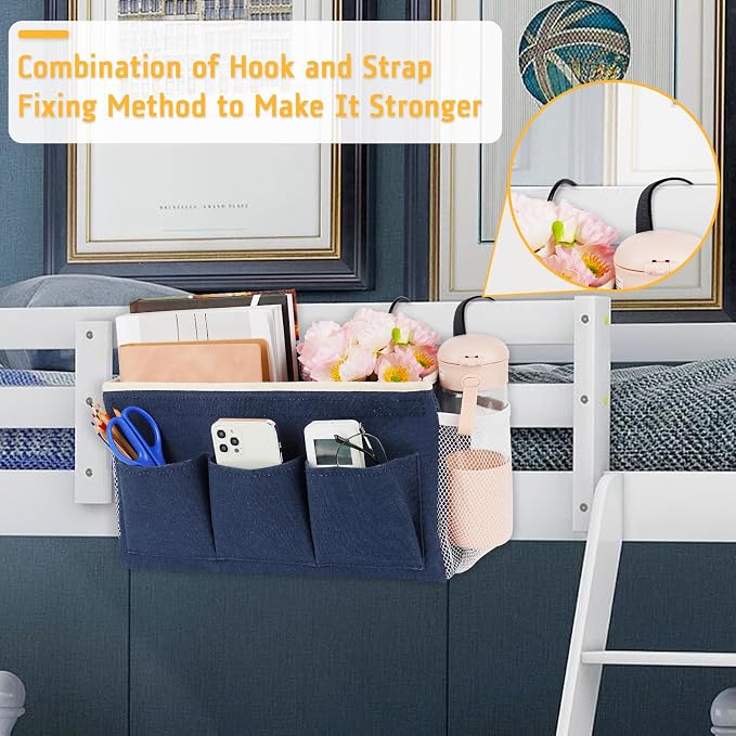 Lilithye Bedside Caddy, Bedside Storage Bag Hanging Organizer for Bunk Bed | Bed Caddy with Fixed Straps and Water Bottle Holder for Home, College Dorm, Bunk Bed, Hospital Bed and Crib Bed Rails