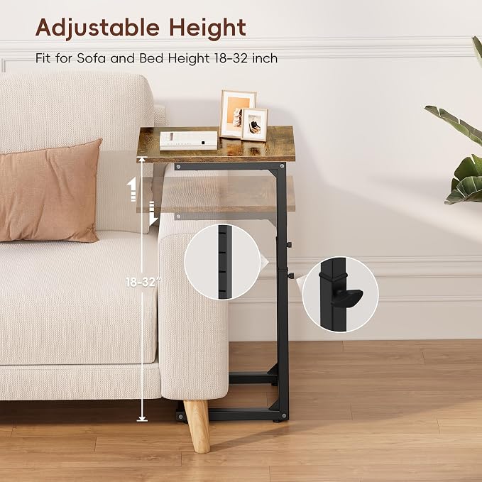 C-Shaped End Table for Couch, 33" Tall C Table Adjustable Height Side Table, Couch Side Tables with Metal Frame Slide Under Sofa, Sofa Table TV Tray for Living Room, Bedroom, Bedside, Brown