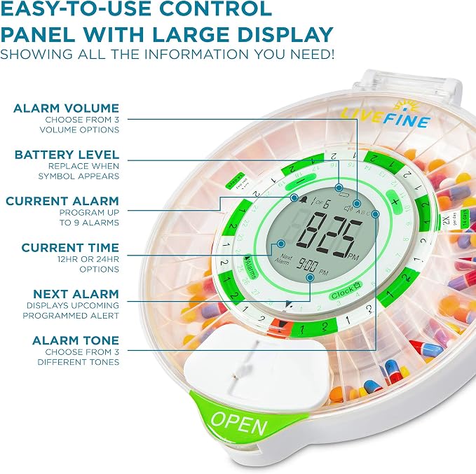 Live Fine 4-Week Pill Dispenser, Locking Pill Organizer, Clear Lid | Medication Organizer, 9 Dosage Rings, Jumbo LCD Display, Audio & Visual Alerts, Lockable Medicine Box