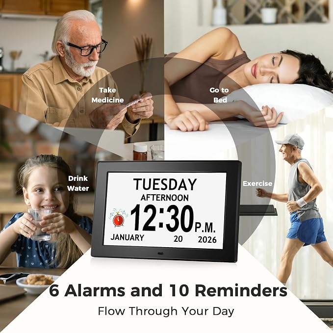 10.1'' Digital Clock With Date And Time, Large Display Clocks for Seniors | 1280*800P HD, Easy to See Date Time Day of Week, Reminders & Alarms, Auto DST, Gifts for Alzheimer Dementia Elderly, Black