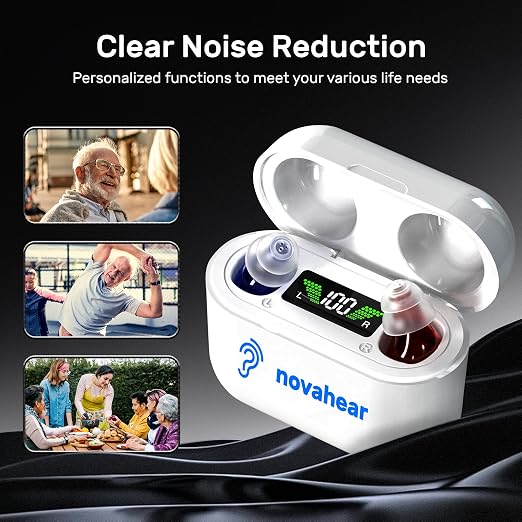NOVAHEAR Rechargeable In-Ear OTC Hearing Aids for Seniors - Invisible Mini Hearing Amplifiers - Digital Hearing Devices with Portable Charging Case for Adults