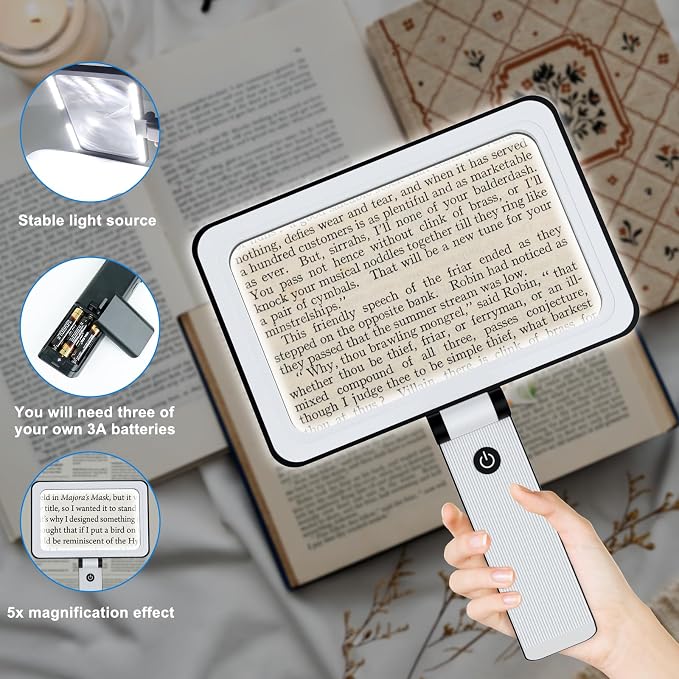 5X Magnifying Glass with Light,Foldable Acrylic Lenses Handheld Magnifying Glass,Lightweight Rectangular Magnifier for Seniors Reading、Close Work、Observe The Stamps