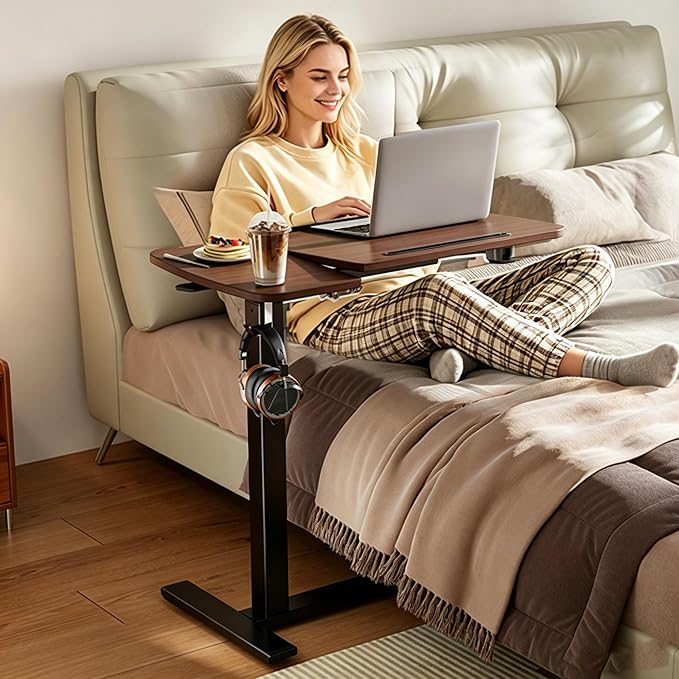Overbed Table with Wheels, Pneumatic Height and Tilting Desktop | Top Tilts 0-60° with Anti-Slip Stops, Hook, Capacity 66 lbs, 1.18 in Low-Profile Base Slides Easily Under Beds and Sofa