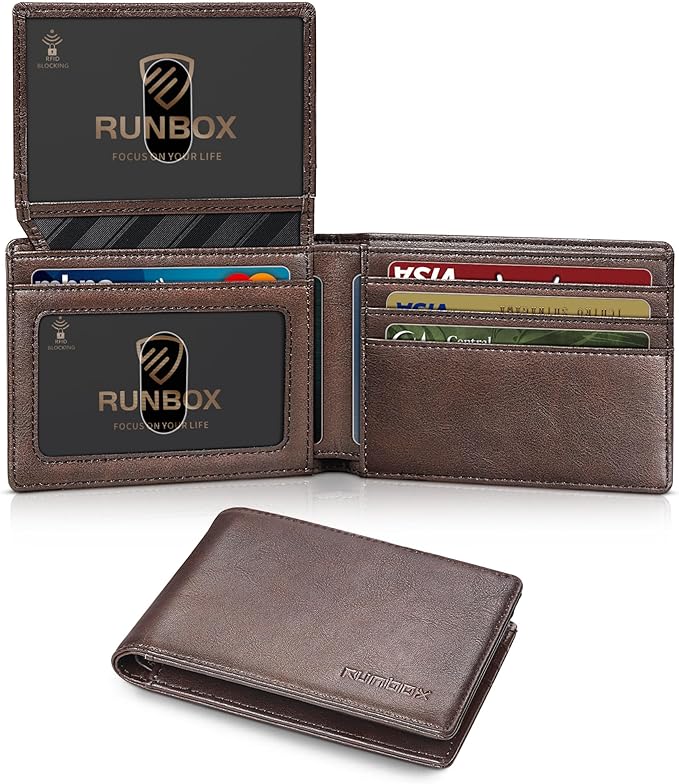 RUNBOX Wallet for Men -Slim Rfid Leather Mens Bifold Novelty Wallets 2 ID Window With Gift Box Men's Accessories | Minimalist Front Pocket Design, Holds 15 Cards, Large Capacity with Cash Pocket,Compact and Thin, Birthday Gifts for Men