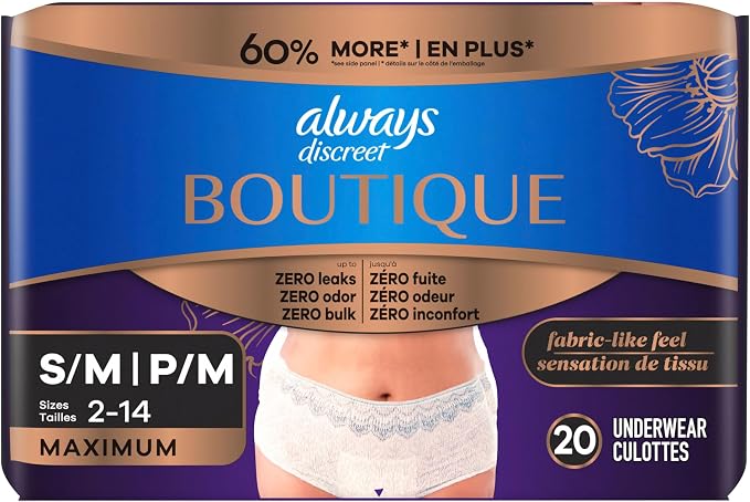 Always Discreet Boutique Incontinence and Postpartum Underwear for Women, Maximum Protection, Small/Medium, Rosy, 20 Count (Pack of 3)