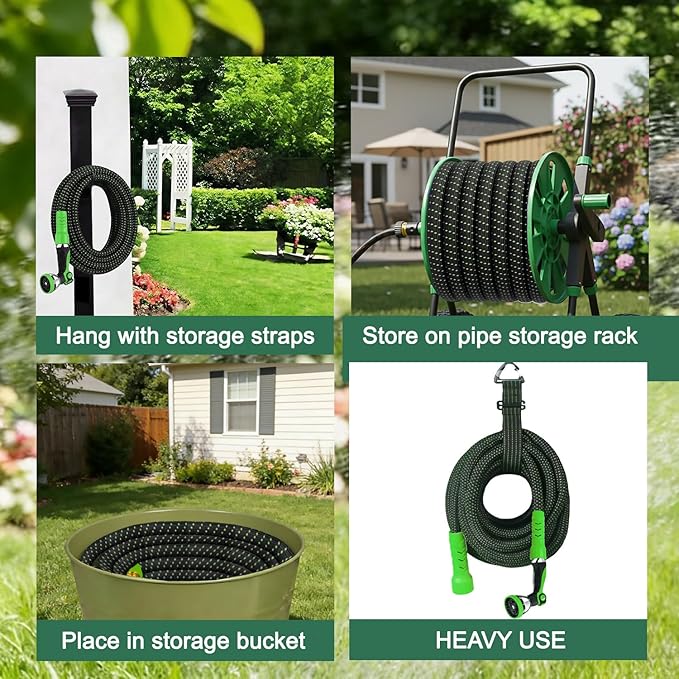 25FT Flexible Garden Hose & 10Modes Nozzle,Lightweight Water Hose,Kink-Free,All-Weather 3/4 in. Hose for RV,Boat,Car Wash,Garden,Yard,Camper,Outdoor None Expanding (Green-Black,25 Feet)