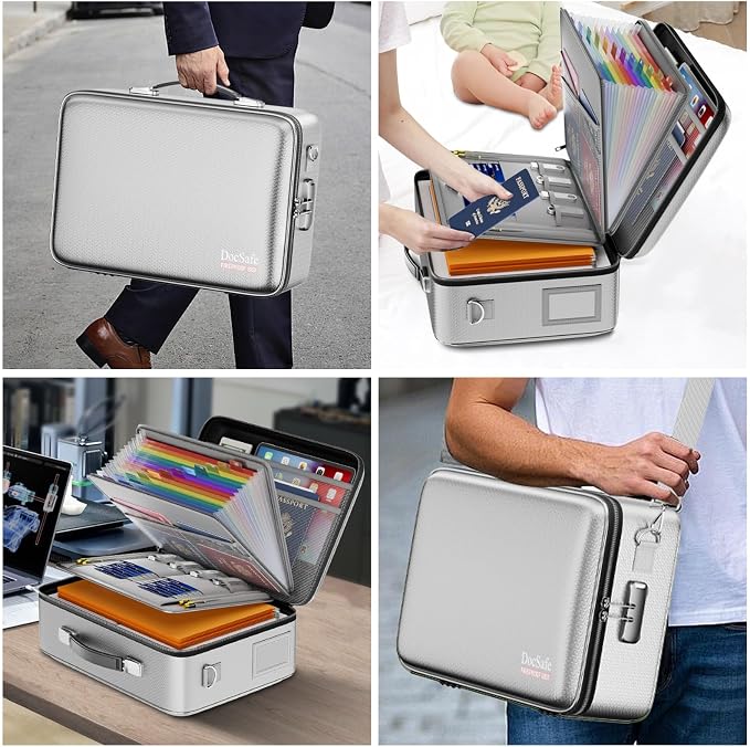 DocSafe Fireproof Document Box Hard Case with Lock ＆ Accordion File Folder | Fire and Water Resistant Safe Box,File Organizer,Multi-Pocket,Home Office Travel Storage for Important Document,Laptop,Silver