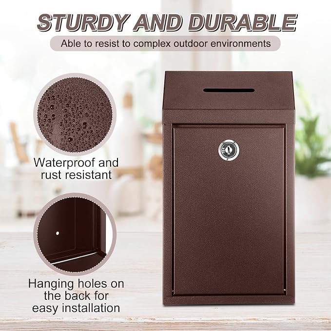 Yaocom Metal Money Box,Brown,10.24 x 5.71 x 2.95 Inch,No Lid | Wall Mounted Drop Donation Cash Box for Farm Stand Collection Safe Suggestion Box with Lock Container for Home Office Outdoor