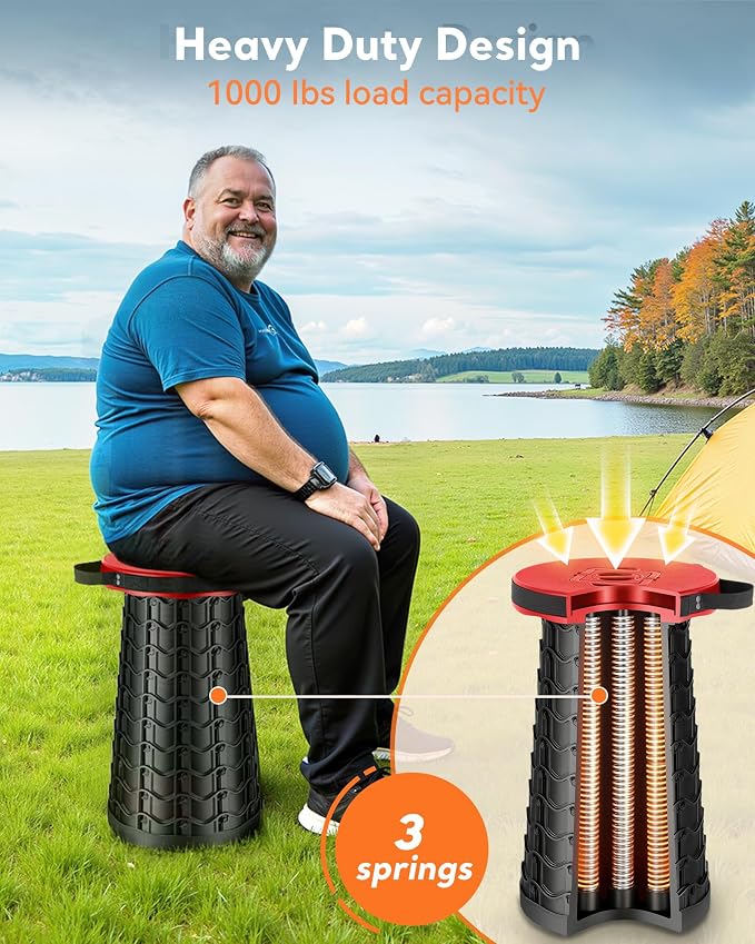 Height Adjustable Camping Stool - Wide Seat Portable Folding Chair (RED) | 20.3'' Height, 1000 LBs Load Capacity, Compact, for Adults, Collapsible Stool Seat for Fishing, Hunting, Patio & Outdoor