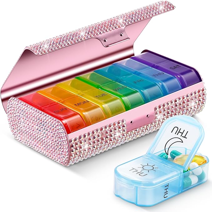 Zannaki Bling Metal XL Weekly Pill Organizer 2 Times a Day, Large Travel Daily Pill Box 7 Day, Portable Week Twice Pill Holder Container, AM PM Pill Case for Medicine Vitamin Medication Supplement