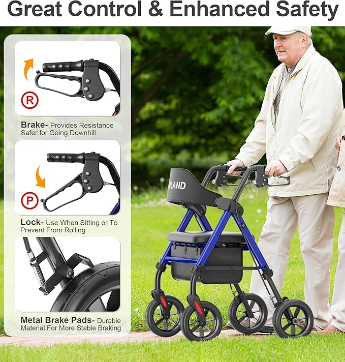 HOMLAND Walkers for Seniors with Seat, Foldable Rollator Walker, Reinforced Aluminum Frame, 8" Big Rubber Wheels for All Terrain, Height Adjustable Lightweight Rolling Walker