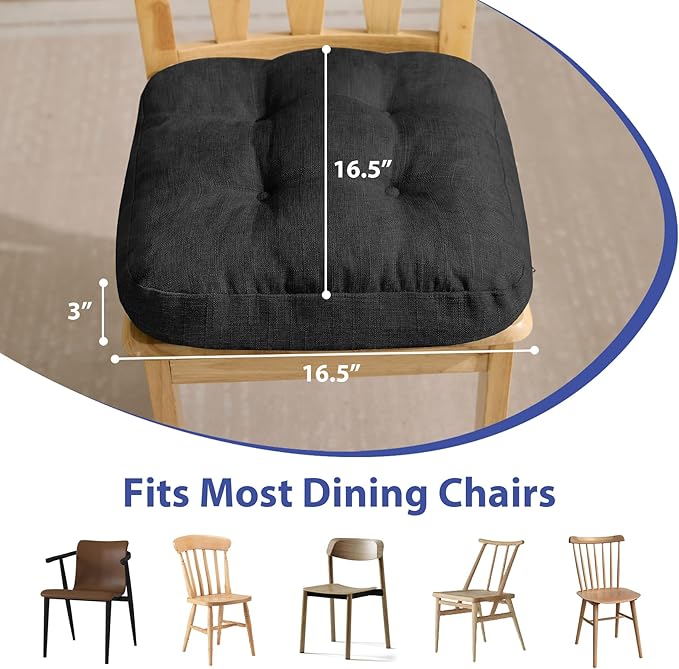 Chair Cushions, Foam Dining Chair Cushions, Tufted Indoor Chair Pads,16.5” x 16.5” x 3.5”, Set of 4, Black