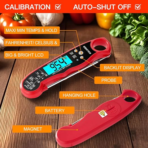 Instant Read Meat Thermometer, Digital Food Thermometer with 4.6" Folding Probe, IP67 Waterproof, Backlight & Calibration, 2-3s Fast Reading for Kitchen Grilling BBQ Cooking Candy - Red