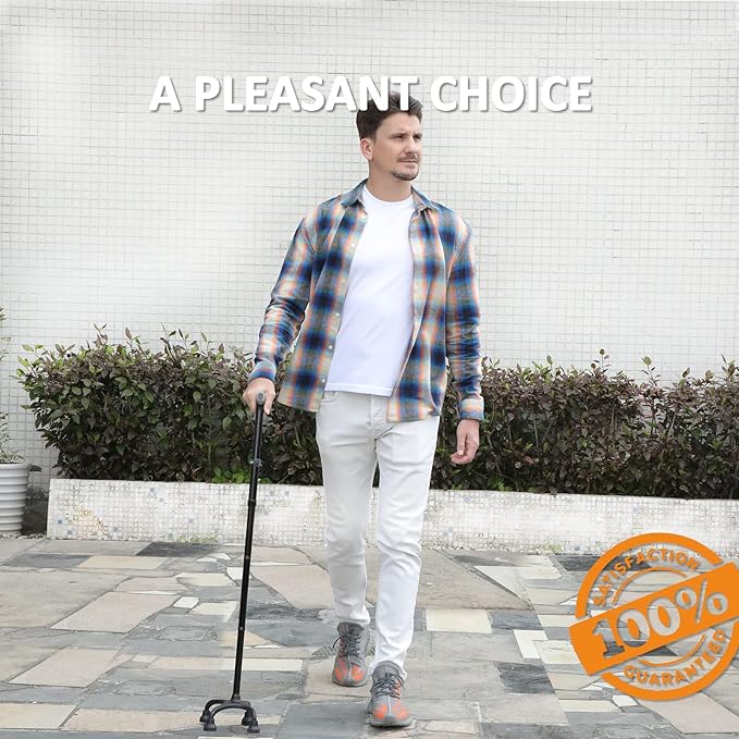 Rehand Quad Cane, Walking Cane with Ergonomic Handle Ever and Graceful 4-Pronged Base for Extra Stability, Adjustable Walking Sticks for Right or Left Handed Men & Women and Seniors