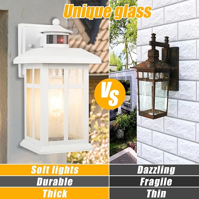 2 Packs Motion Sensor Outdoor Lights, Outside Light Fixtures for House | Porch Lights Outdoor with E26 Sockets & Tempered Glass, Dusk till Dawn Waterproof Exterior Wall Lights Motion Sensor, White