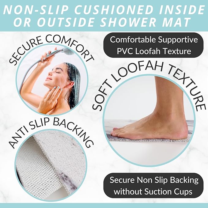 ENKOSI Loofah Non-Slip Shower and Bath Mat - Soft Cushioned Comfort - No Suction Cups for Smooth or Textured Tubs - Fast Draining - Safety for Bathroom, Family, and Elderly (24x16 Marble Grey Blue)