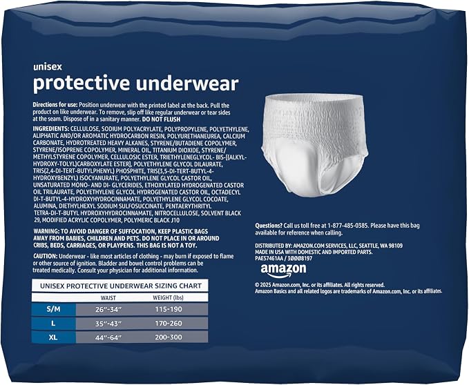 Amazon Basics Unisex Adult Incontinence Protective Underwear, Overnight Absorbency, Moisture-Wicking, Soft, Latex Free, Large, 14 Count
