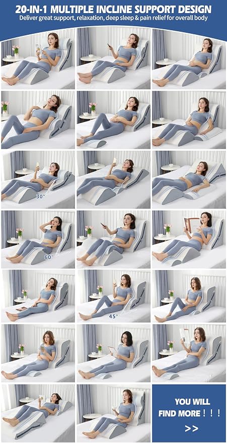 4Pcs Orthopedic Bed Wedge Pillow Set with 4Pcs Replacement Pillowcase, Incline Wedge Pillow for Back Pain Relief/Sleeping/Snoring/Post Surgery/Leg Elevation 20-in-1 Adjustable Memory Foam Wedge Pillow