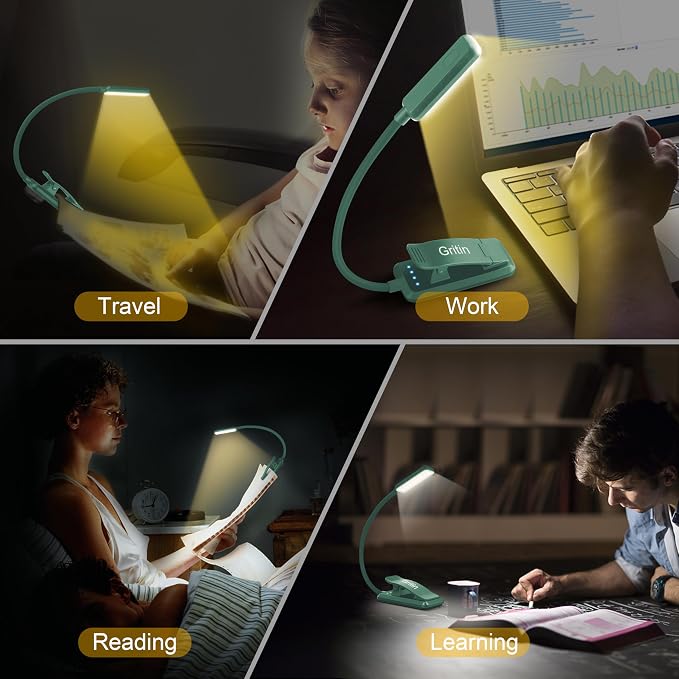 Gritin 9 LED Rechargeable Book Light for Reading in Bed | Eye Caring 3 Color Temps,Stepless Dimming Brightness,80 Hrs Runtime Small Lightweight Clip On Book Reading Light-Green