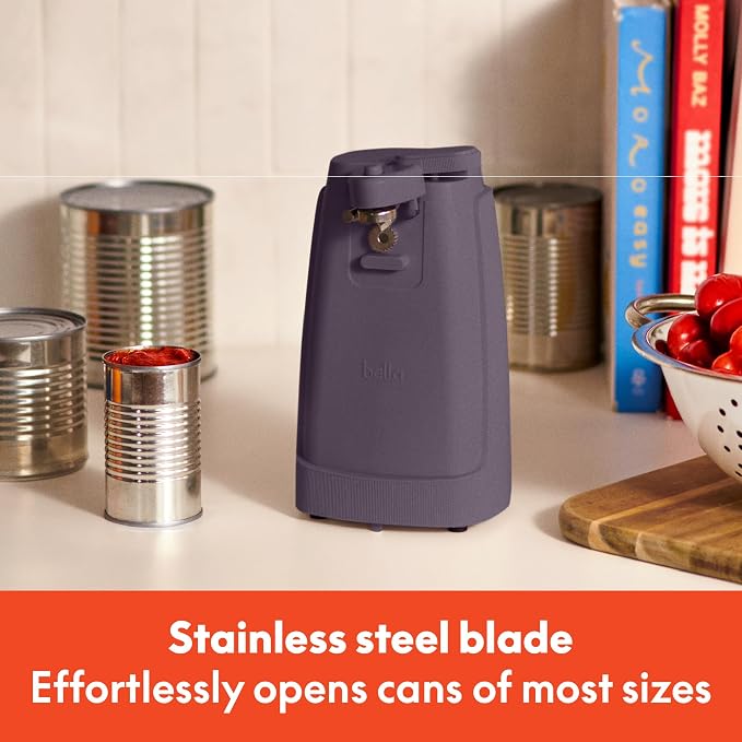 bella Electric Can Opener and Knife Sharpener, Removable Cutting Lever, Cord Storage, Stainless Steel Blade, Plum