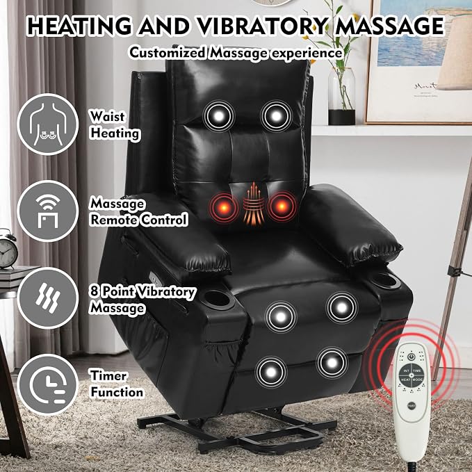 Power Lift Chair for Elderly,Electric Recliner Chair with Vibrating Massage & Heating,Living Room Chair with Thickened armrest,USB Ports,2 Cup Holders
