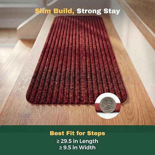 MBIGM Carpet Stair Treads for Wooden Steps, 15 Pack, 8" x 30", Red Stripe | Four-layer polyester carpet with PP grid base, nonwoven cushion and TPR adhesive backing adds indoor traction and comfort