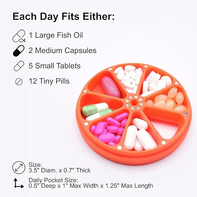 Travel RX Pill Case by Type Two Labs – Weekly 7 Day Pill Box, Compact Magnetic Pill Organizer for Purses or Pockets, Rugged Daily Caddy Holds Vitamins, Supplements, Medication. (Hazard Orange)