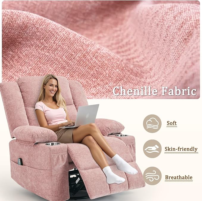 Korser 360° Swivel Rocker Recliner for Adults, Nursery Glider Recliner with Massage and Heating, Rocking Chair with Cup Holder, Manual Recliner Chair for Living Room, Bedroom (Fabric, Pink)