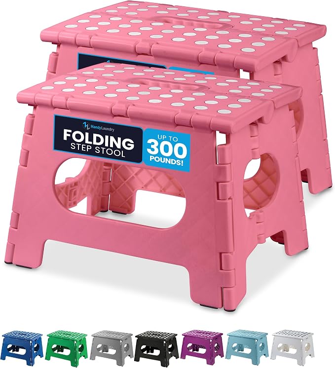 Handy Laundry Folding Step Stool 9 Inch 2 Pack, Holds 300 lbs, Non-Slip | Foldable Collapsible Plastic Stools for Adults and Kids with Handle, Lightweight for Kitchen, Bathroom, Bedroom, Pink