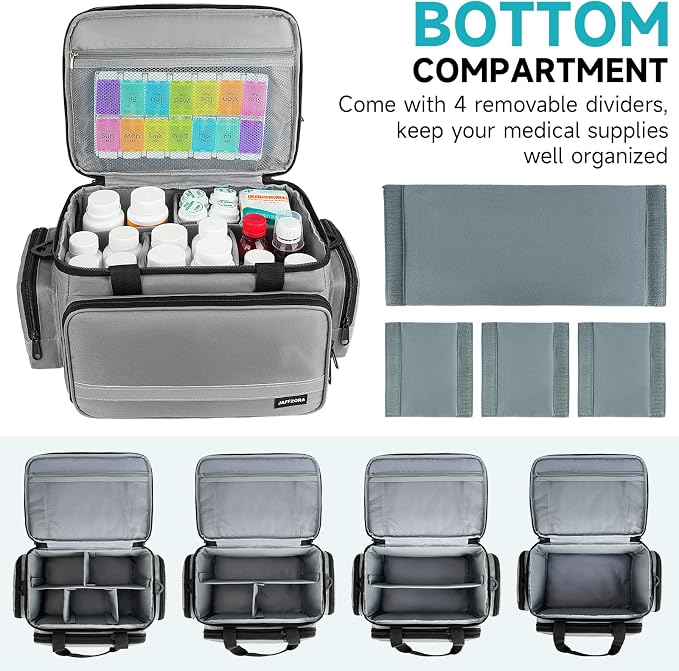 Large Pill Bottle Organizer, Double Layers Medicine Storage Bag with Lockable Zippers and Shoulder Strap,Medication Travel Bag for Prescription Bottles, Vitamins & Medical Supplies, Gray (Bag Only)
