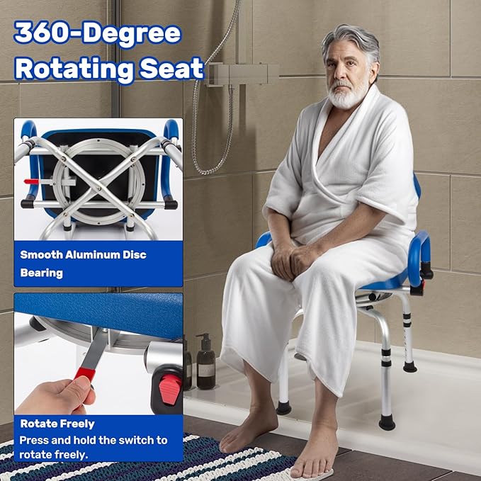 360° PU Padded Swivel Shower Chair-Bath Tub Transfer Bench, 20-25in Adjustable Height, Drop Arms & Anti-Rust Aluminum Shower Chair for Elderly and Disabled, Safety Bench for Bathtubs & Showers