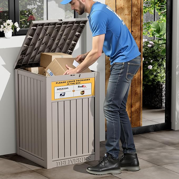 Package Delivery Box for Outside with Sign, Secure Lockable Waterproof Package Delivery Container, Resin Deck Box for Porch & Garden, Grey