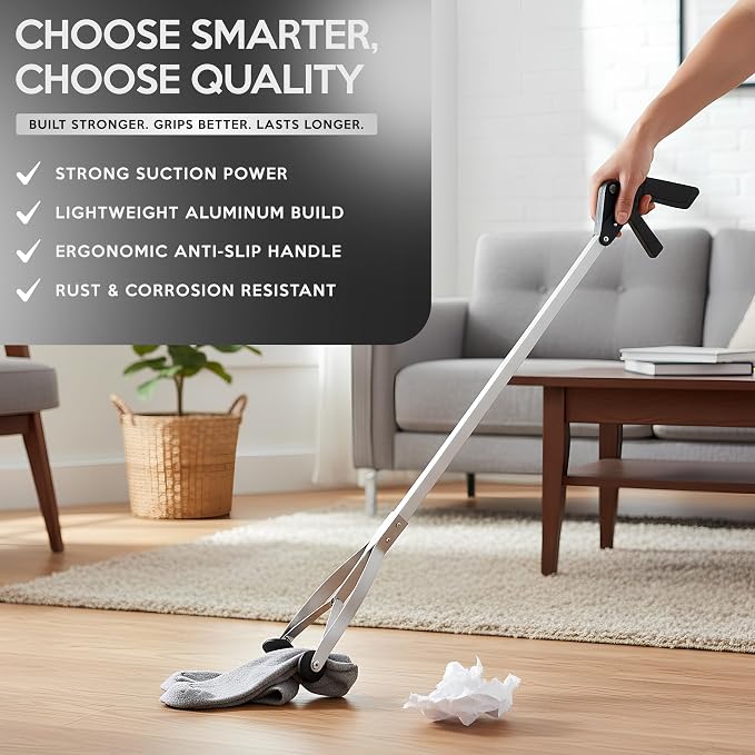 Suction Cup Grabber Reacher 32"" - Elderly Grab It Reaching Pickup Tool Heavy Duty for Seniors - Trash, Sticks, Litter Picker Upper - Extra Long Reach Handle & Handy Extension Arm Claw (2), Grey