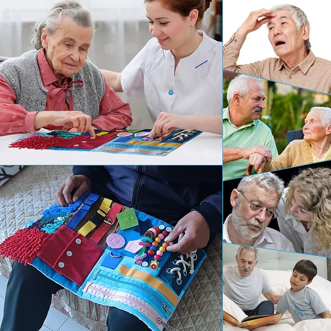 Fidget Blanket for Adults with Dementia, Alzheimer's Sensory Mat for Elderly | 18-in-1 busy board, portable lap pad, sensory activities, memory care, calming gift, for elderly, autism and ADHD