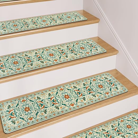 OJIA Non-Slip Stair Treads Stair Runner for Wooden Steps Indoor 15PC 30"x8" | Floral Carpet Stair Treads Stair Mats Staircase Step Treads for Kids, Elders and Dogs, Stair Covers, Beige