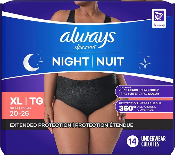 Always Discreet Night, Reimagined Adult Diapers for Women, Extended Overnight Absorbency Incontinence and Postpartum Underwear Size XL/XXL, 360 Degree Coverage While Laying Down, 14 Count (Pack of 2)
