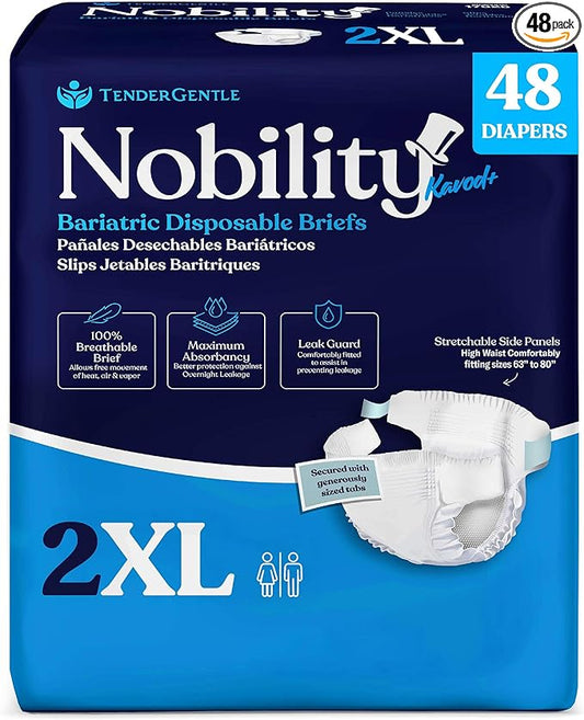 2XL Adult Diapers for Women and Men - Case of 48 Bariatric Disposable Briefs with Tabs and Stretchable Side Panels - Breathable with Max Absorbency