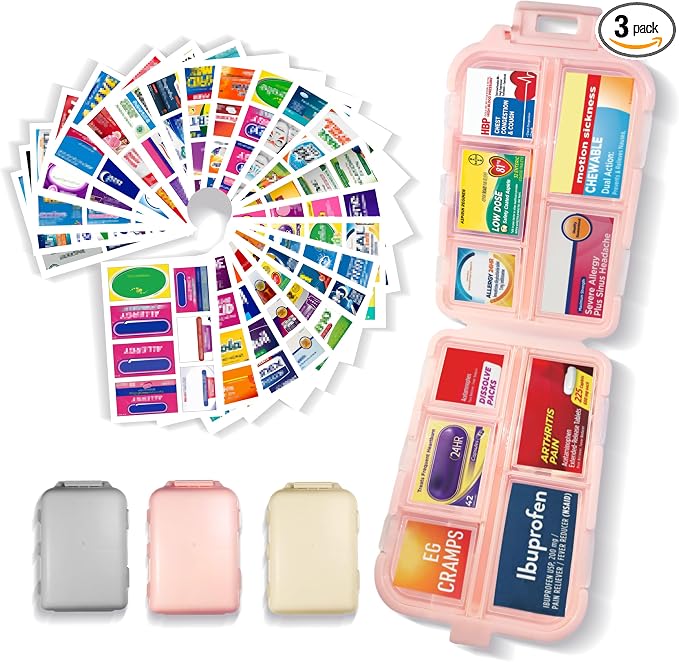 Pill Organizer 3 Pack with 146x3 Medicine Labels, Pink Grey Beige | Set of 3 travel pill cases with 10 compartments each and 146 medicine labels for 7-day planning, daily use, work, and trips