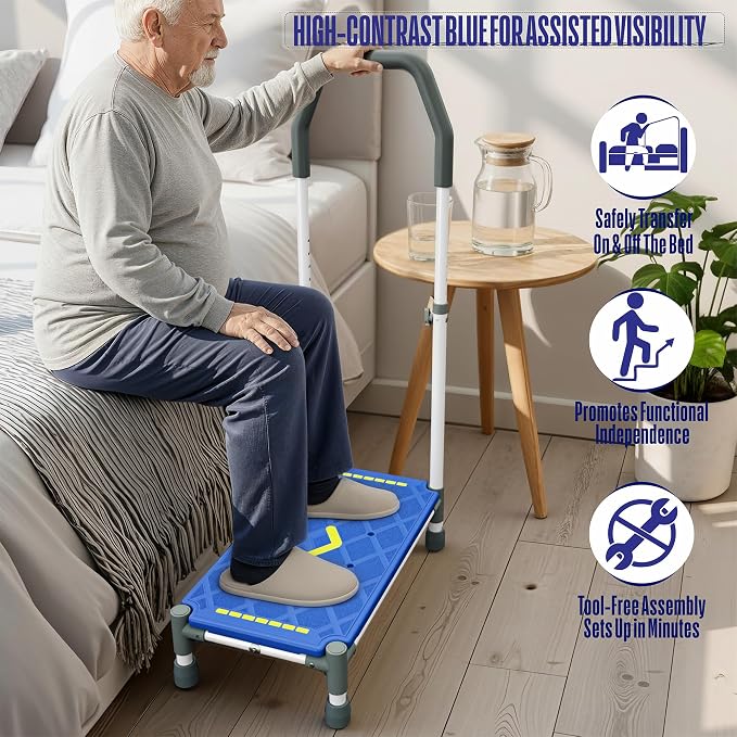 Extra Long Step Stool with Handle for Elderly(22 Inch), Heavy Duty Stepping Stool with Adjustable Handrails for High Beds, Non-Skid Platform Foot Stool for Adults, Seniors, Handicapped (1 Step Blue)