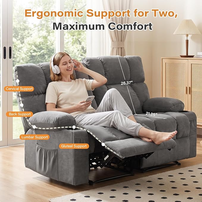 Oversized Fabric Reclining Loveseat Sofa for Living Room with Cup Holders | 2-seat recliner sofa with side pockets, padded seats and adjustable footrests for home theater, family room and relaxation